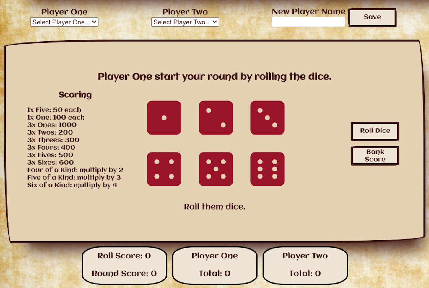 snap of the Farkle game running in browser